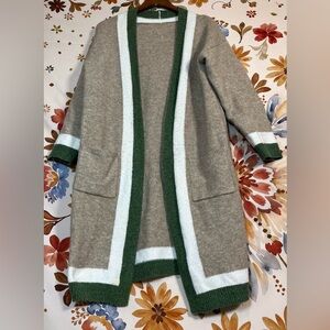 Tan Green M Simple Minimal Open Long Comfy Spring Fall Winter Office Cardigan